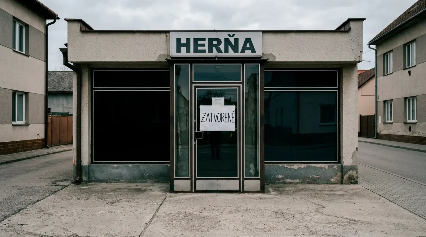 Zatvorená herňa s výhernými automatmi v slovenskom meste a vyveseným oznámením o ukončení prevádzky