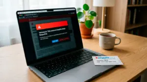 Webový prehliadač s upozornením o nelegálnej stávkovej stránke a paysafecard kupón na obrazovke notebooku