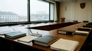 Slovenská úradná budova so zasadačkou IPRHH a stôl s dokumentmi o regulácii hazardu