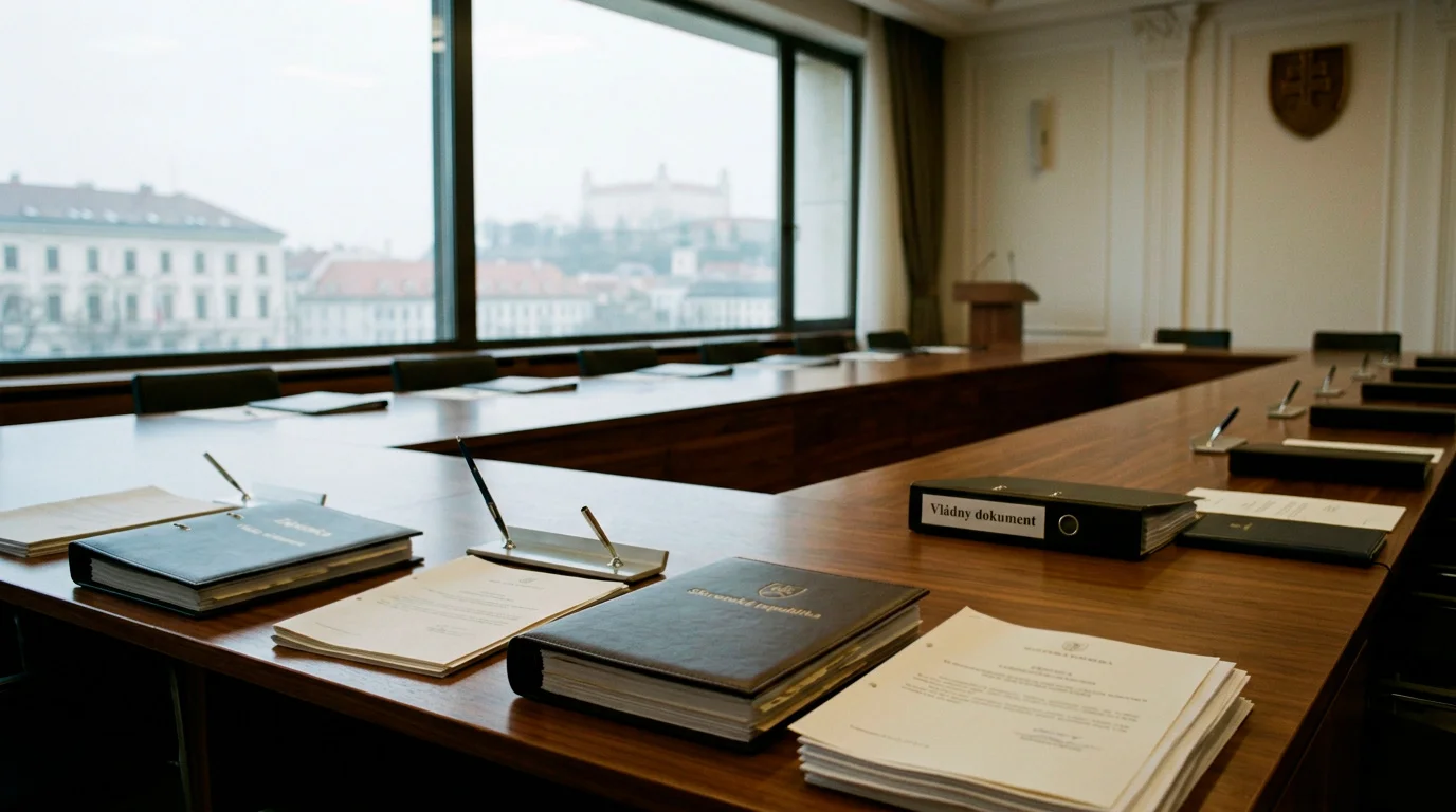 Slovenská úradná budova so zasadačkou IPRHH a stôl s dokumentmi o regulácii hazardu