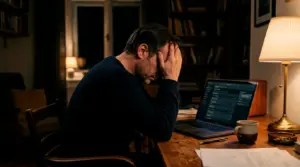 Muž v pracovni s viacerými otvorenými stávkovými oknami na monitore a hlavou v dlaniach" width