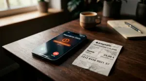 Smartfón so zachyteným podvodným hovorom o paysafecard kupóne a varovná ikona zámku