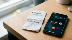 Pokrčená paysafecard účtenka so zakrytým PIN-om a mobil so zákazníckou linkou paysafe podpory