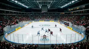 Hokejové ihrisko Zimných olympijských hier 2026 s mantinelovými reklamami stávkových kancelárií
